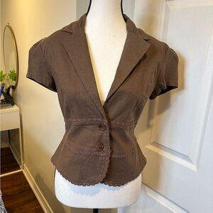 Y2K Brown Peplum Top Lace Trim Coquette Cottagecore Blouse S